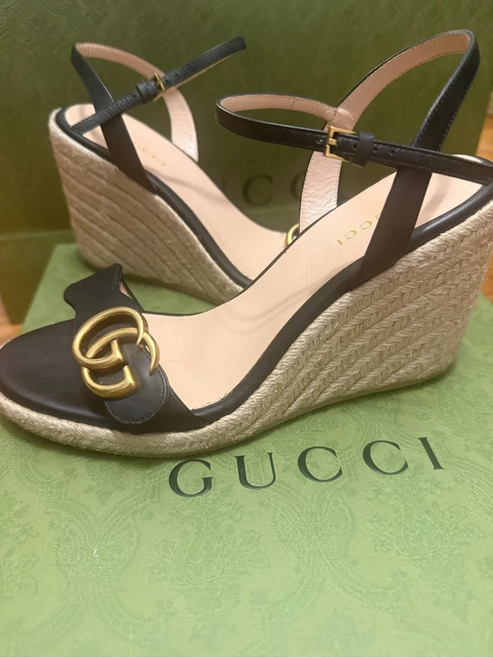 Gucci Black Leather Wedge Espadrilles with Gold Double G Size 37